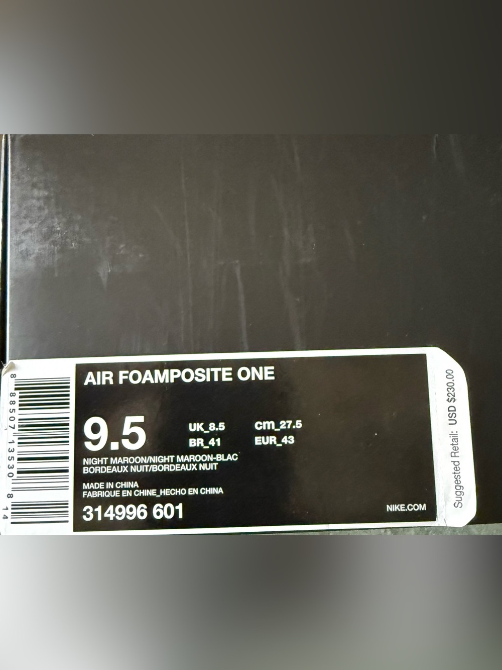 Nike Air Foamposite One Box Label - Night Maroon & Black